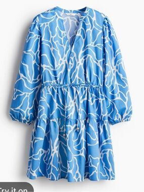 H&M Blue and White Printed Tiered Mini Dress